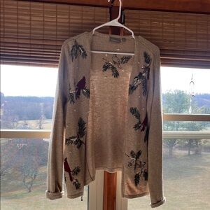 croft & barrow Beige zip up Open-Front Cardigan with Cardinal Embroidery